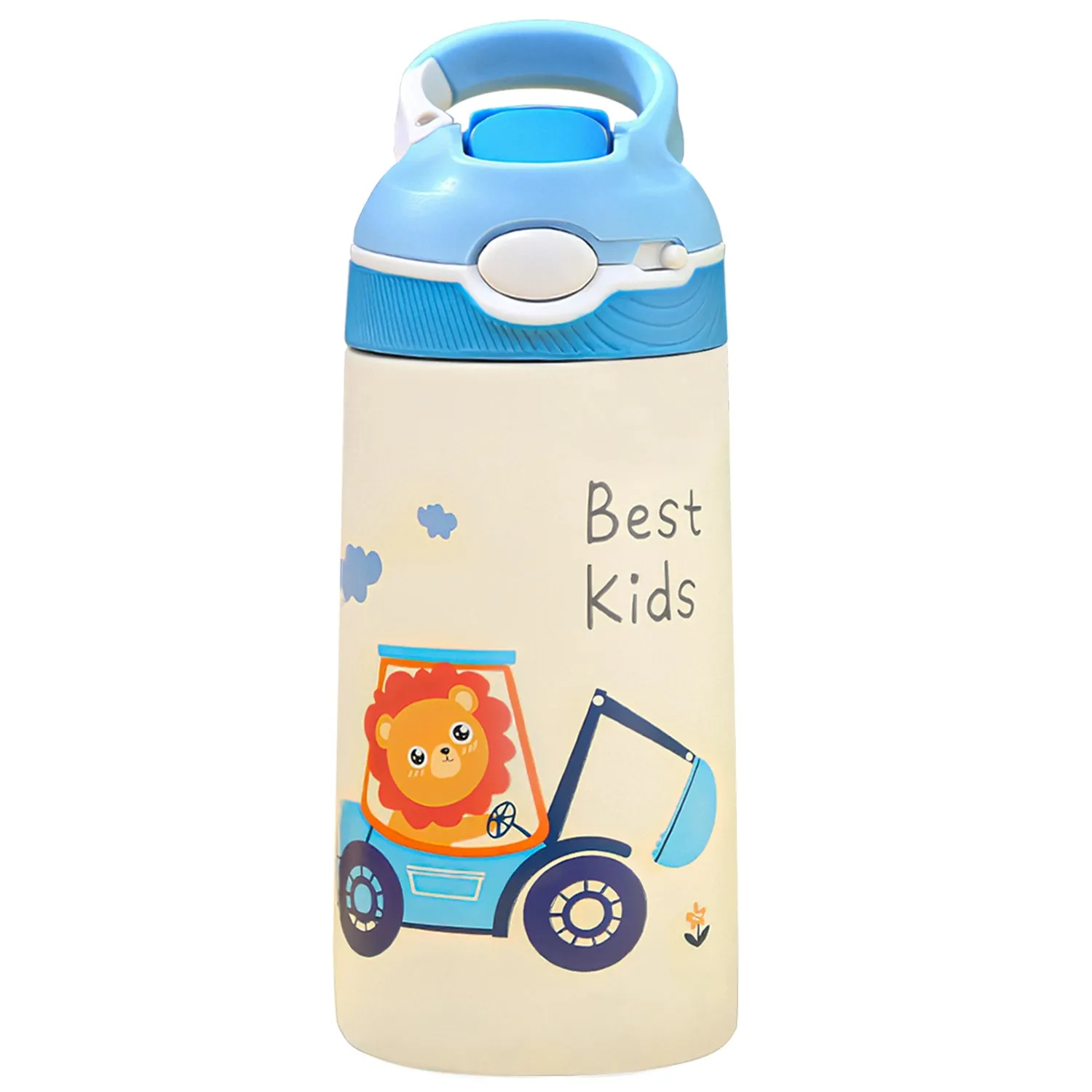 13.5Oz Insulated Stainless Steel Water Bottle Leak-proof Bottle for Kids with Straw Push Button Lock Switch Thermos Cup for Toddlers Boys Girls