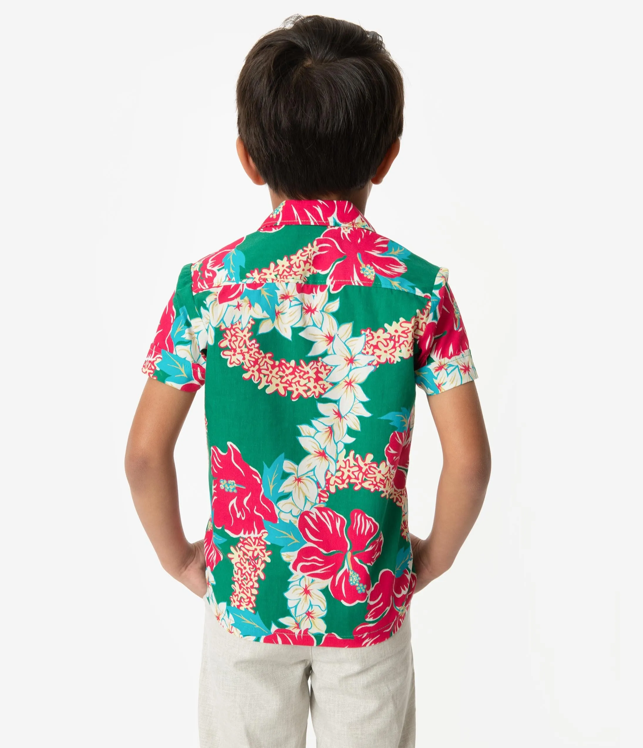 Alfred Shaheen Green & Pink Mala Pua Hibiscus Lei Print Kahuna Boys Shirt