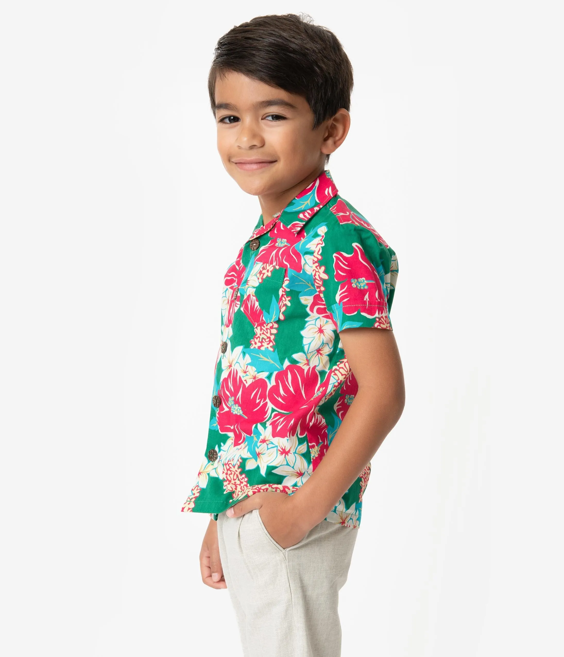 Alfred Shaheen Green & Pink Mala Pua Hibiscus Lei Print Kahuna Boys Shirt