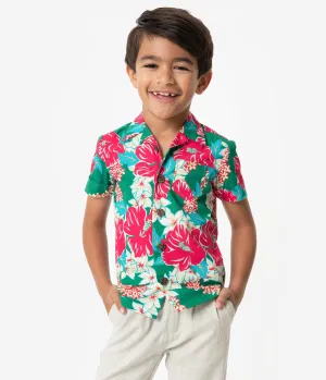 Alfred Shaheen Green & Pink Mala Pua Hibiscus Lei Print Kahuna Boys Shirt