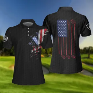 American Women Golfer Black Version Golf Short Sleeve Women Polo Shirt, American Flag Ladies Golf Shirt Coolspod