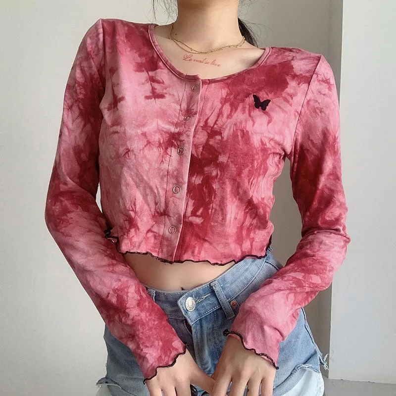 Autumn Tie Dye Print Cropped Shirt Butterfly Embroidery Crop Top Long Sleeve