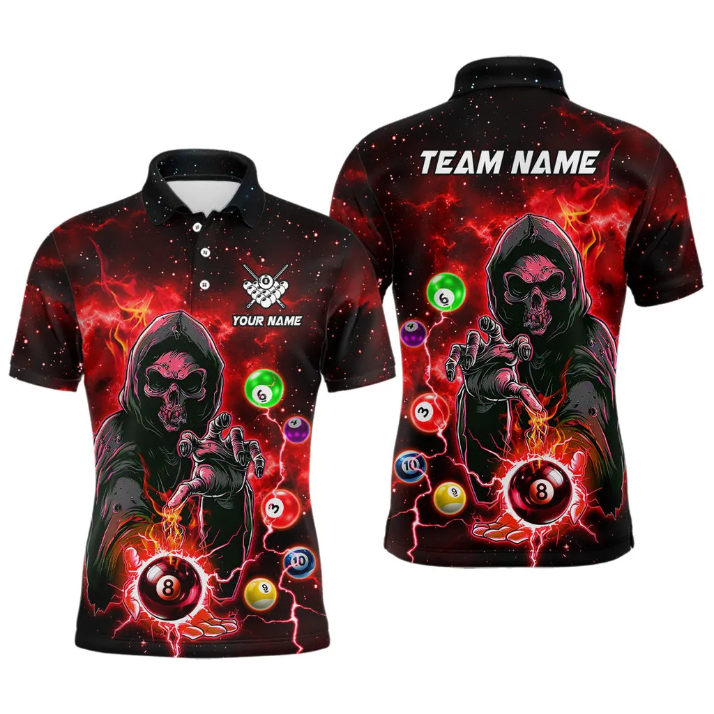 Billiard Multicolor Options Death Skeleton Customized Name, Team Name 3D Polo Shirt For Men