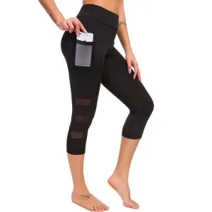 Black Mesh 3/4 Yoga Pants in Black with Elastic Waist