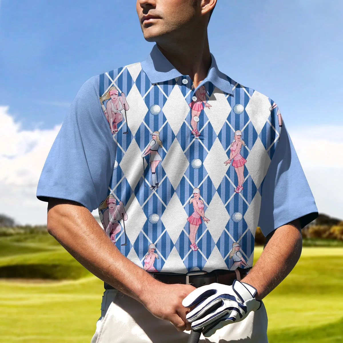 Blue Hot Golf Short Sleeve Polo Shirt, Argyle Pattern Fun Golf Shirt For Men Coolspod