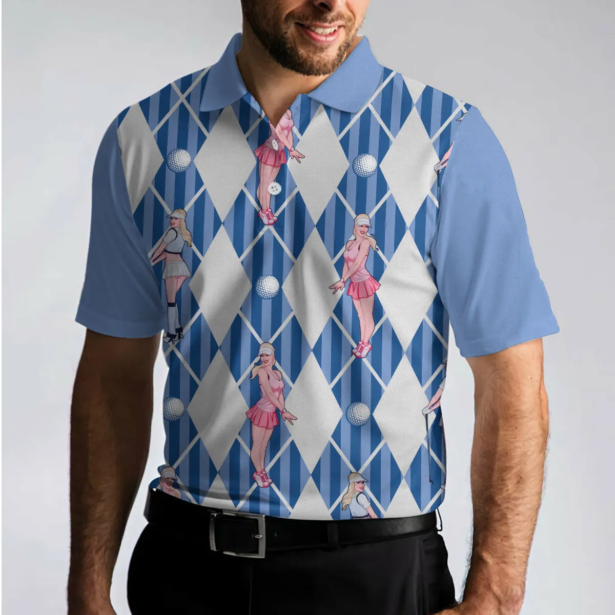 Blue Hot Golf Short Sleeve Polo Shirt, Argyle Pattern Fun Golf Shirt For Men Coolspod