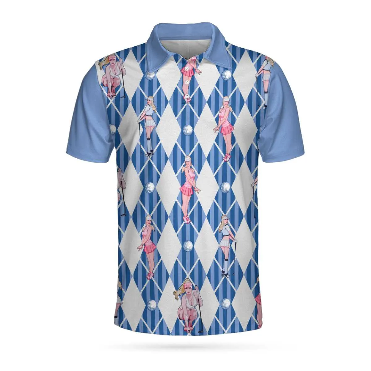 Blue Hot Golf Short Sleeve Polo Shirt, Argyle Pattern Fun Golf Shirt For Men Coolspod