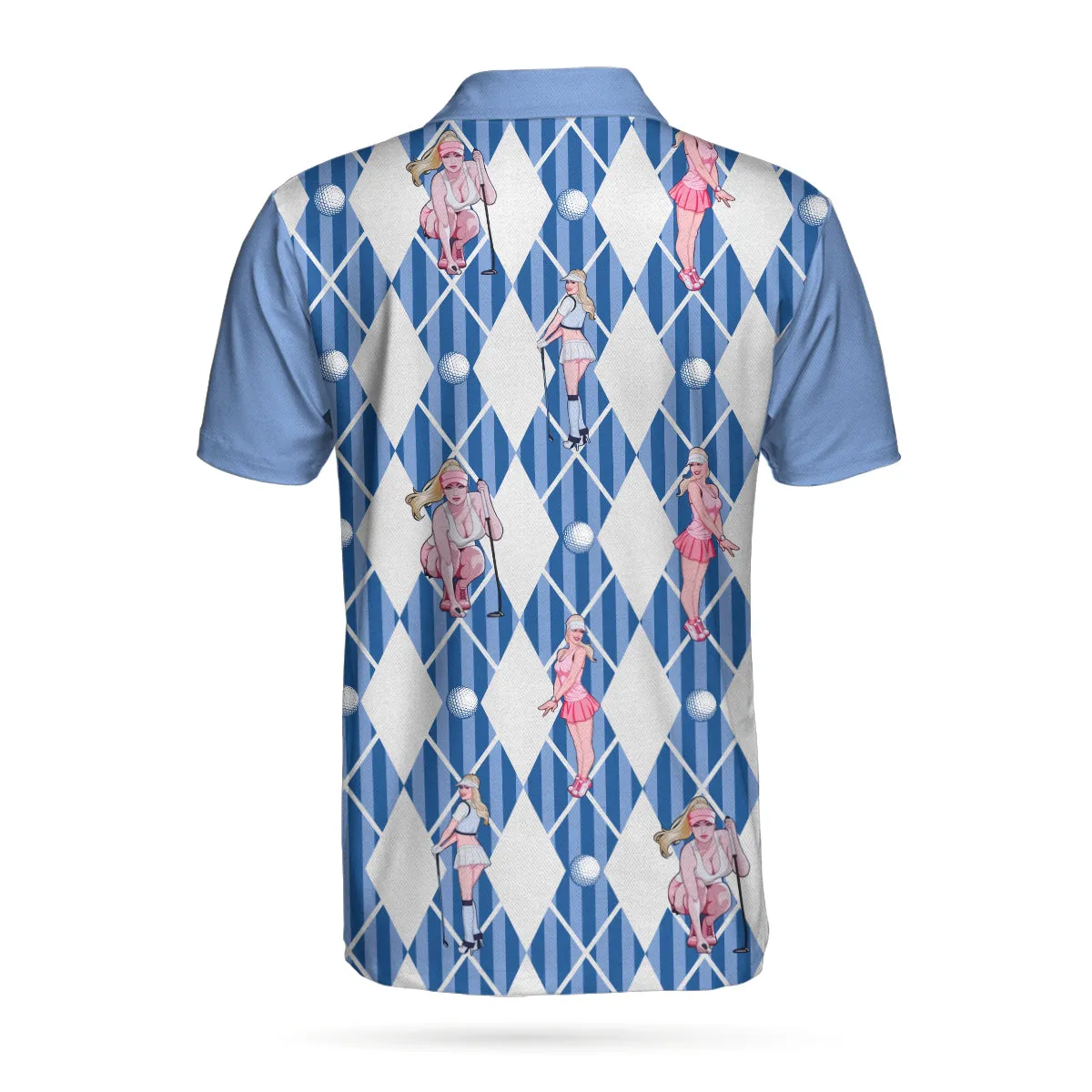 Blue Hot Golf Short Sleeve Polo Shirt, Argyle Pattern Fun Golf Shirt For Men Coolspod