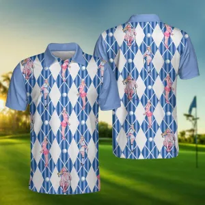 Blue Hot Golf Short Sleeve Polo Shirt, Argyle Pattern Fun Golf Shirt For Men Coolspod