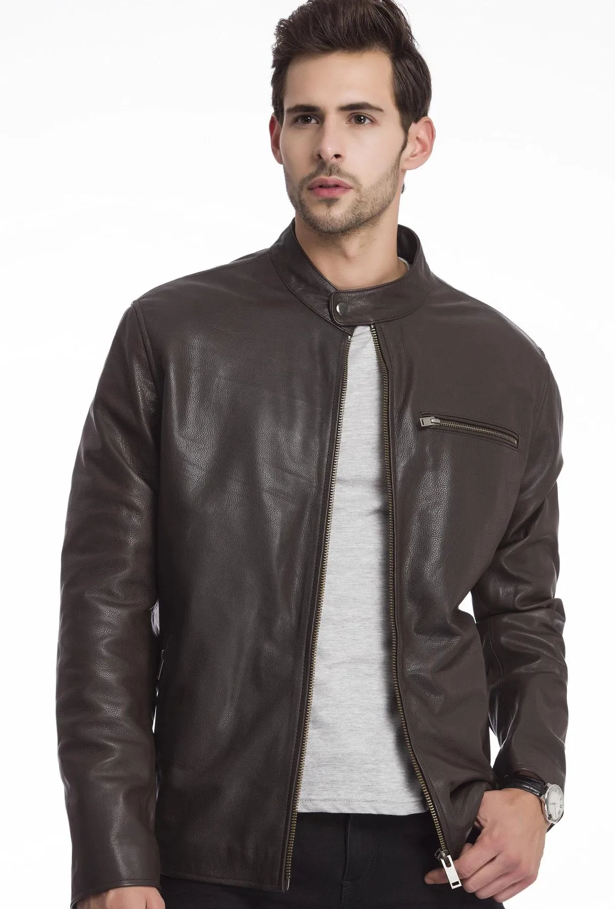 Bomber round collar Leather Jacket