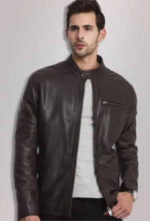 Bomber round collar Leather Jacket