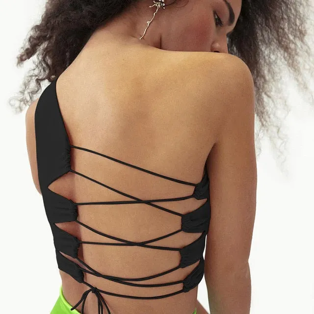 Casual Cut Out One Shoulder Slim Sexy Rave Party Backless Cross Lace Up Crop Top Sleeveless