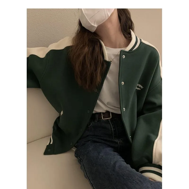 Color Blocking Plus Velvet Preppy Style Retro Thickened Versatile Varsity Jacket