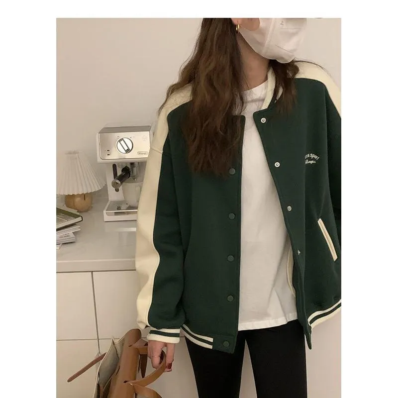 Color Blocking Plus Velvet Preppy Style Retro Thickened Versatile Varsity Jacket