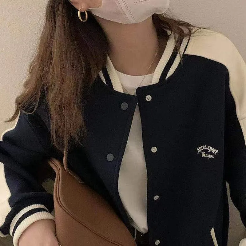 Color Blocking Plus Velvet Preppy Style Retro Thickened Versatile Varsity Jacket