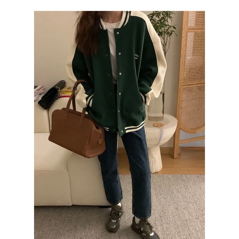 Color Blocking Plus Velvet Preppy Style Retro Thickened Versatile Varsity Jacket