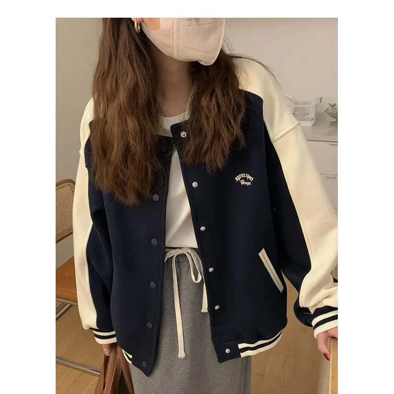 Color Blocking Plus Velvet Preppy Style Retro Thickened Versatile Varsity Jacket