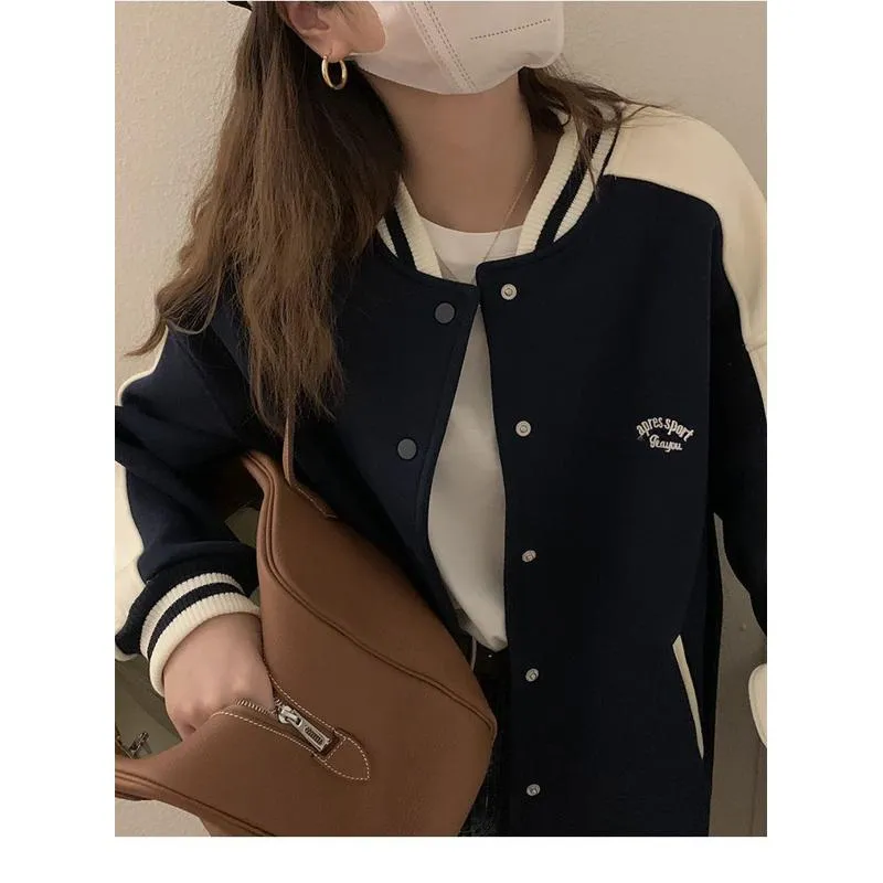 Color Blocking Plus Velvet Preppy Style Retro Thickened Versatile Varsity Jacket