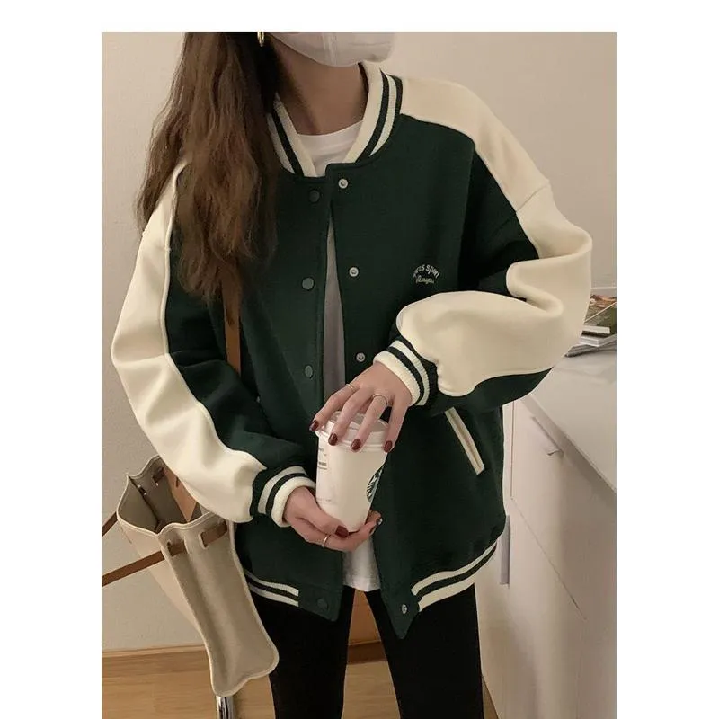 Color Blocking Plus Velvet Preppy Style Retro Thickened Versatile Varsity Jacket