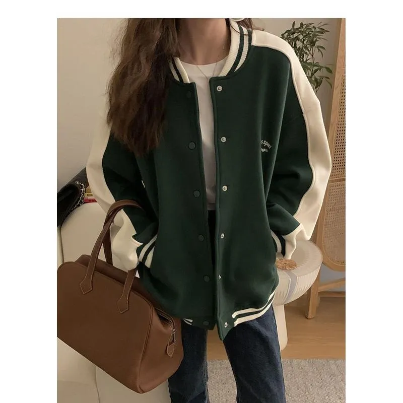 Color Blocking Plus Velvet Preppy Style Retro Thickened Versatile Varsity Jacket