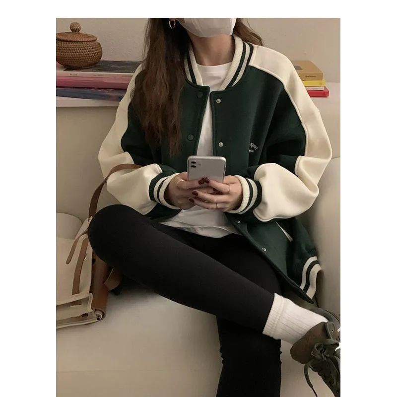 Color Blocking Plus Velvet Preppy Style Retro Thickened Versatile Varsity Jacket