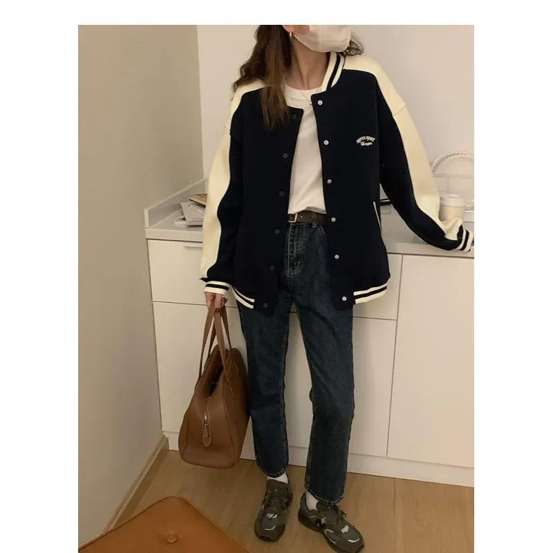 Color Blocking Plus Velvet Preppy Style Retro Thickened Versatile Varsity Jacket