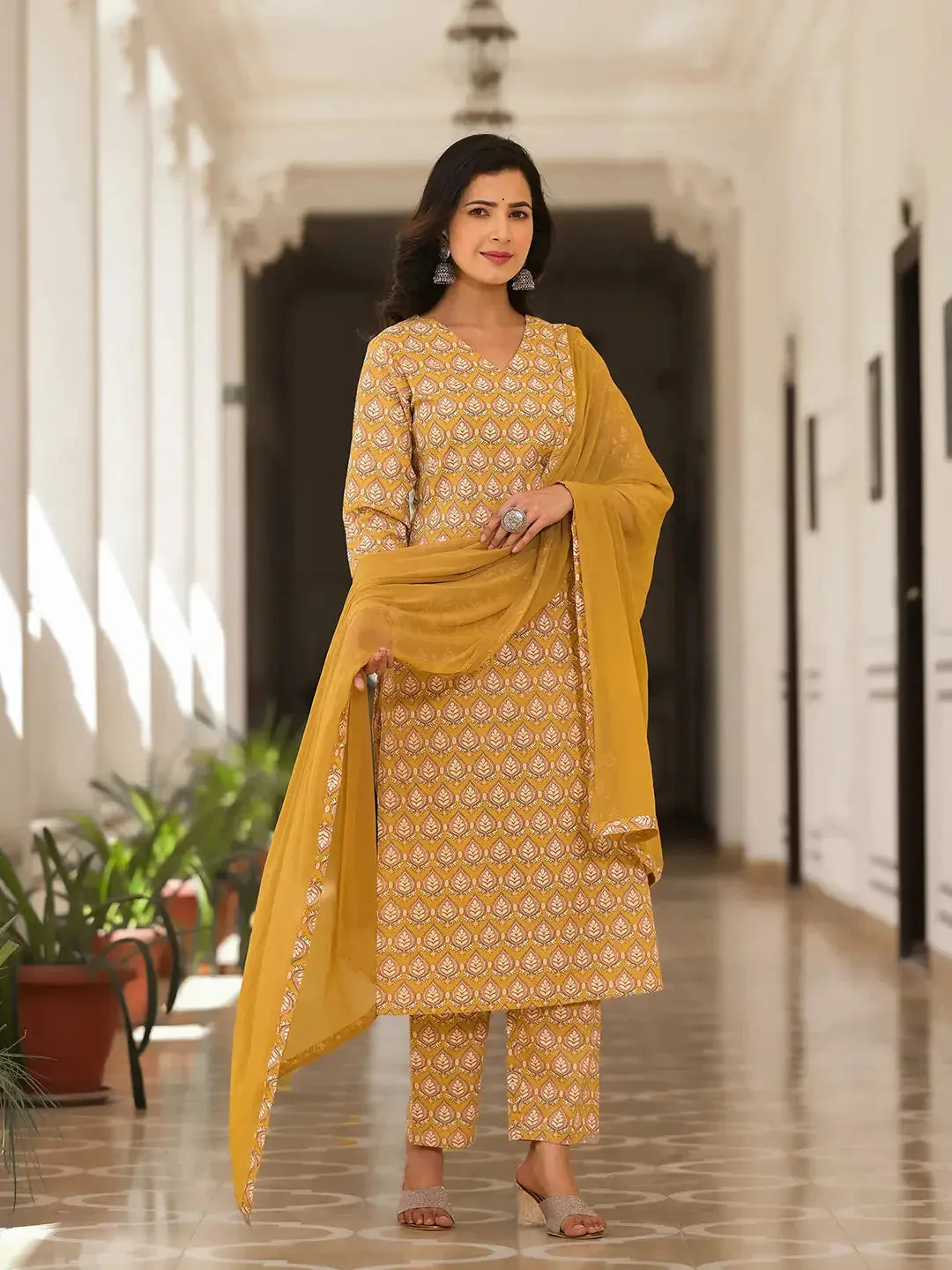 Cotton Mustard Leaf Print Kurta Trouser With Dupatta Set