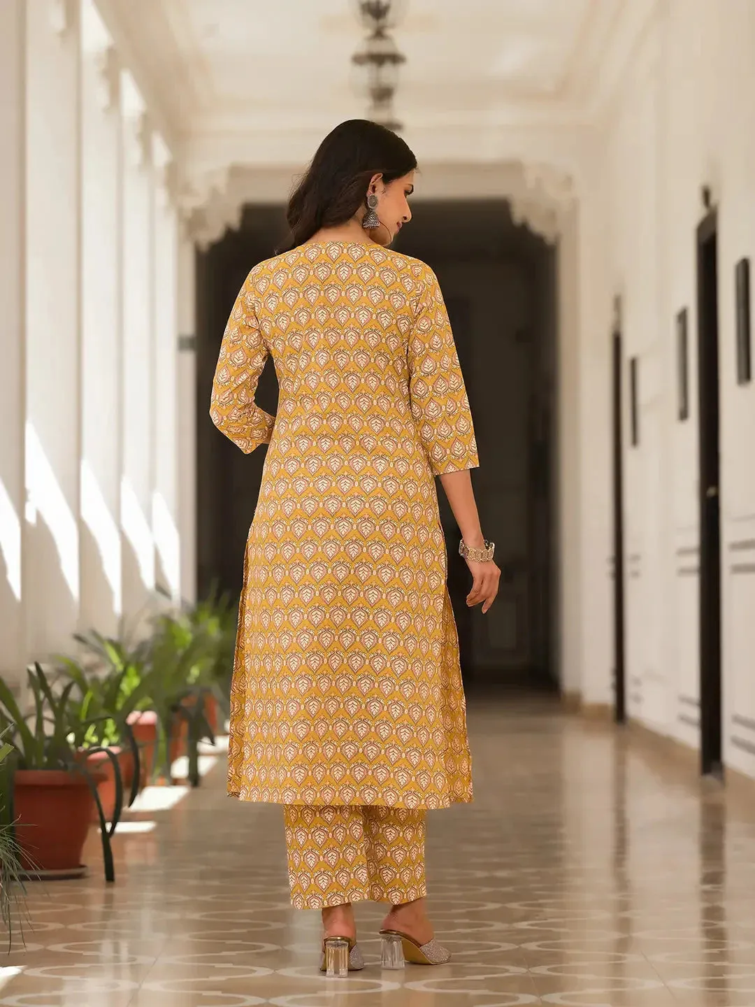 Cotton Mustard Leaf Print Kurta Trouser With Dupatta Set