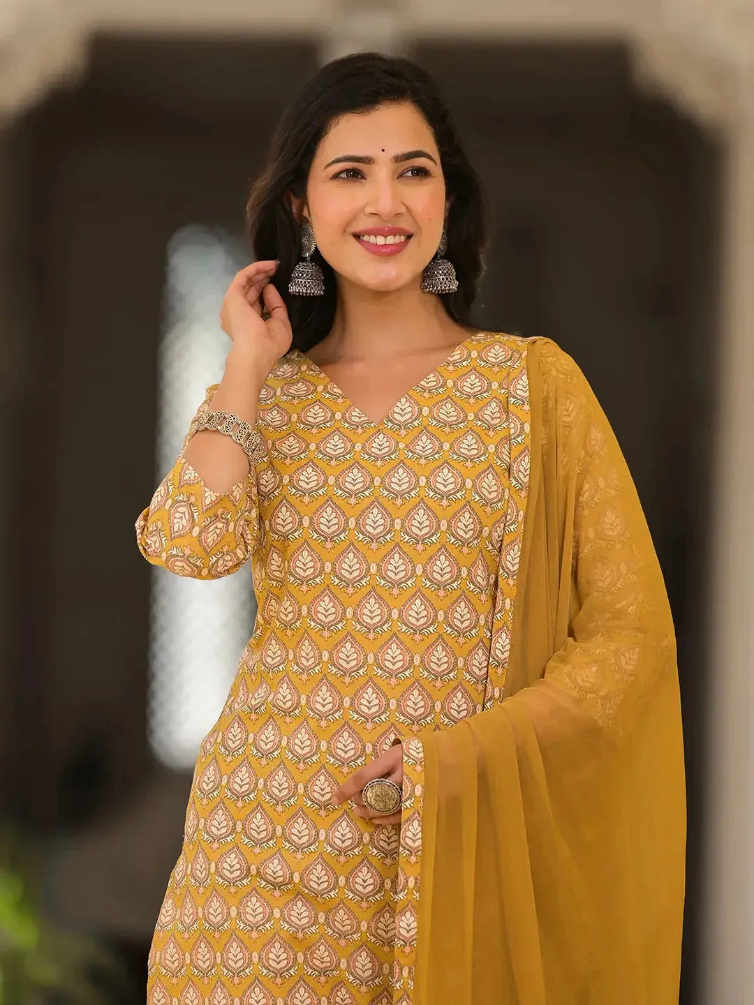 Cotton Mustard Leaf Print Kurta Trouser With Dupatta Set