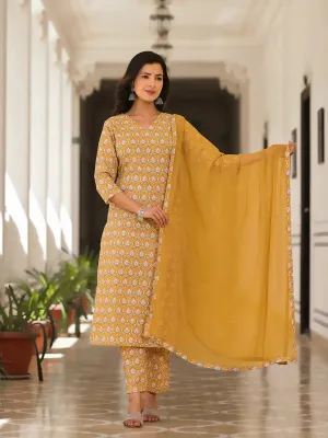 Cotton Mustard Leaf Print Kurta Trouser With Dupatta Set