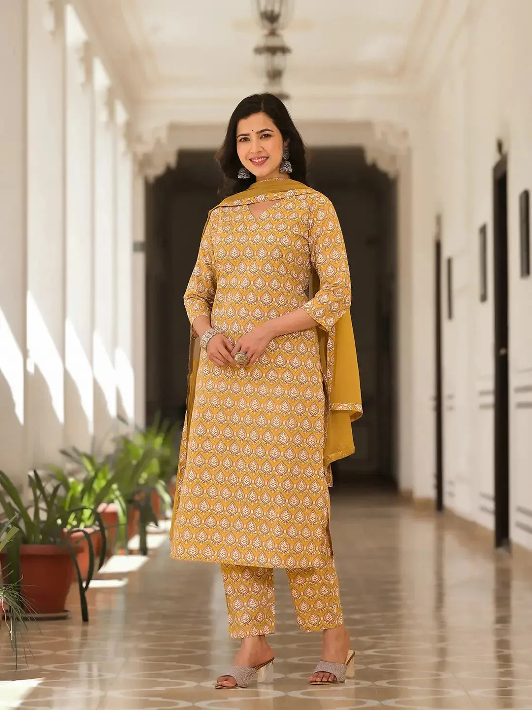 Cotton Mustard Leaf Print Kurta Trouser With Dupatta Set