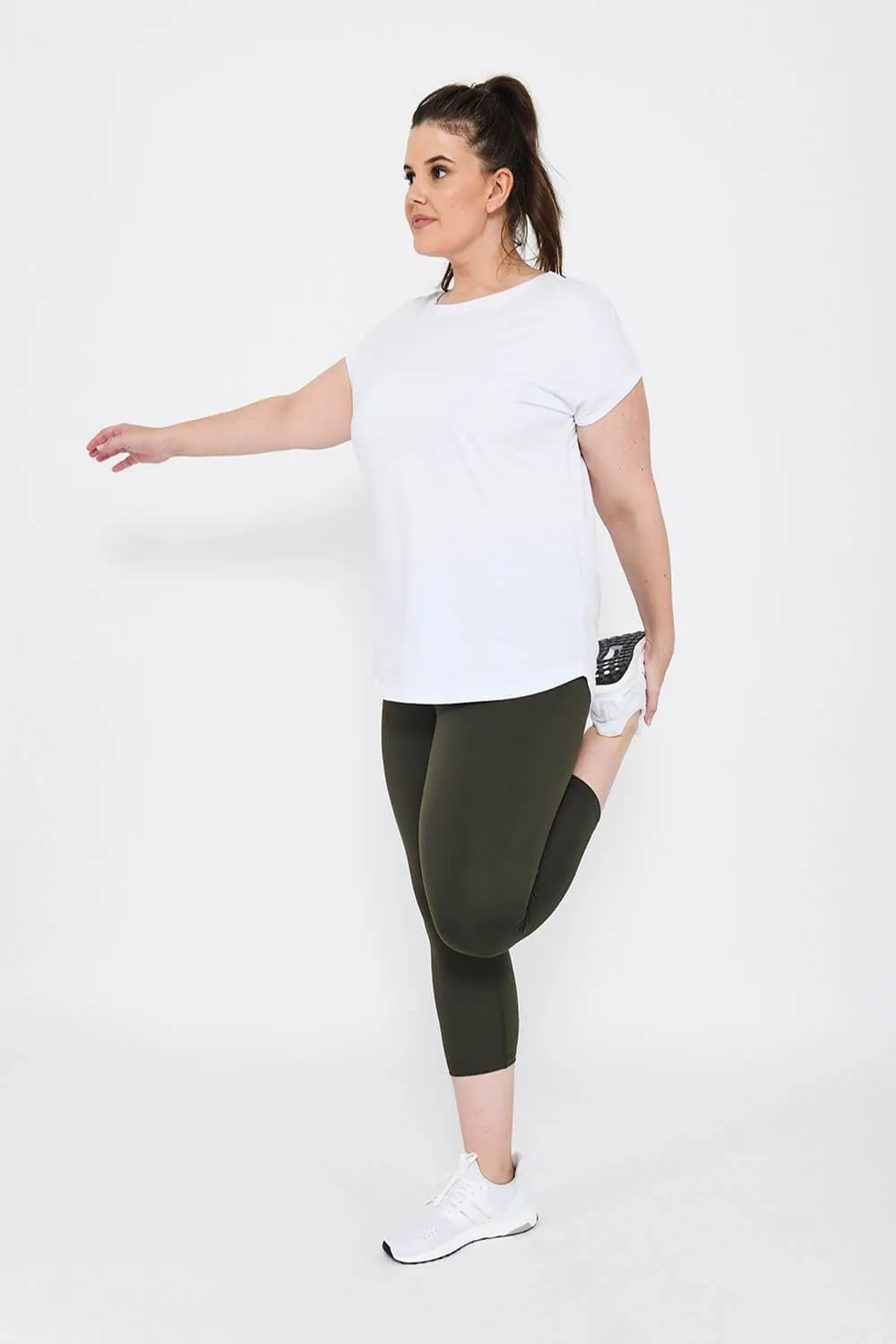 Curve Focus Cropped High Waisted Sports Leggings - Olive Green