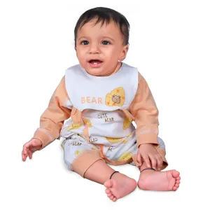 Cute Bear Full Sleeves One-Piece Body Suit With Snap Buttons Tie Knot And Matching Bib - Orange