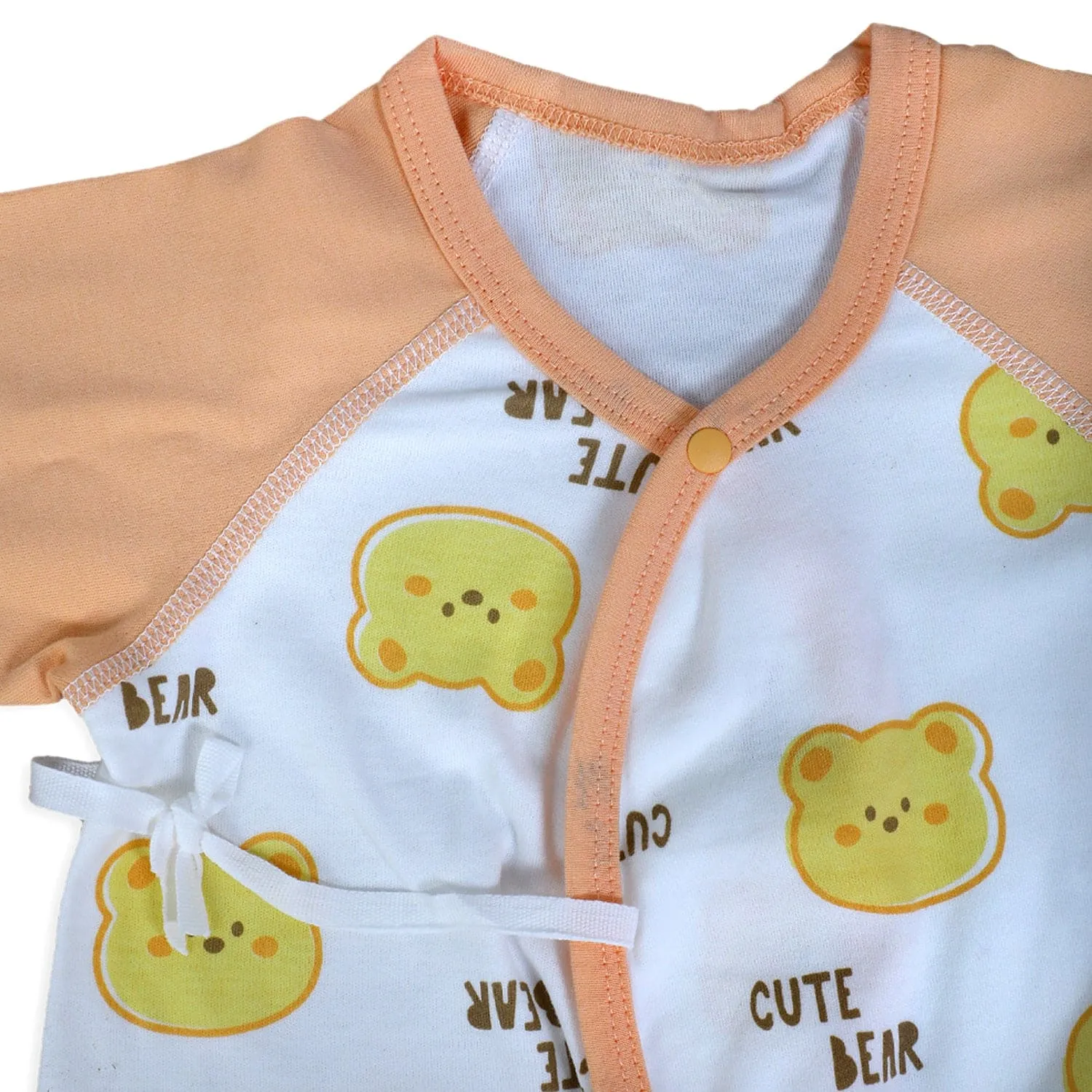 Cute Bear Full Sleeves One-Piece Body Suit With Snap Buttons Tie Knot And Matching Bib - Orange