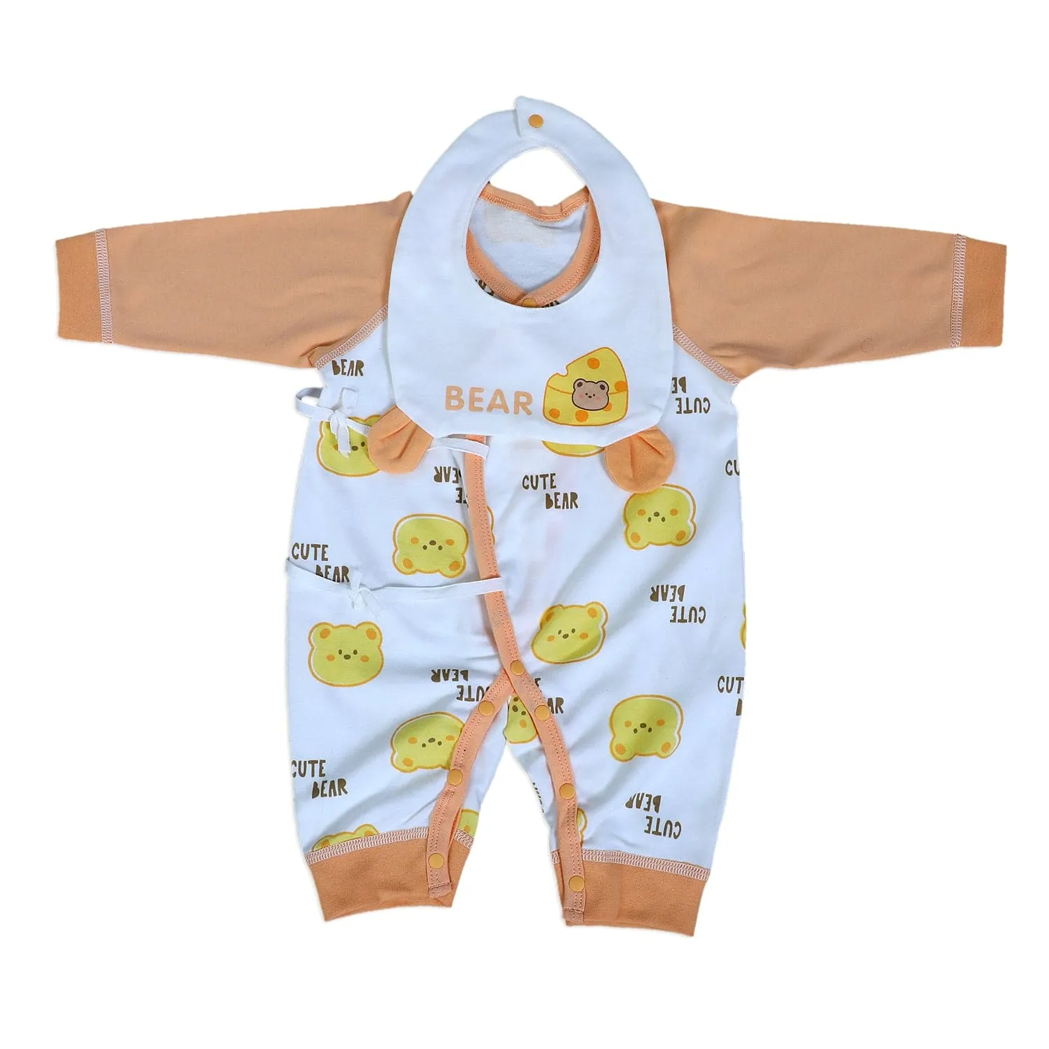 Cute Bear Full Sleeves One-Piece Body Suit With Snap Buttons Tie Knot And Matching Bib - Orange