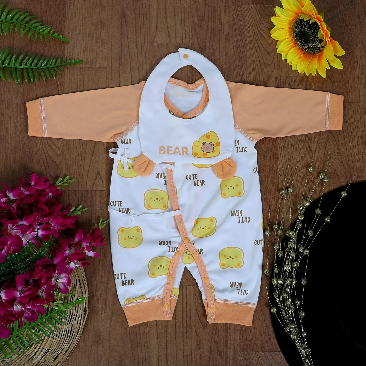 Cute Bear Full Sleeves One-Piece Body Suit With Snap Buttons Tie Knot And Matching Bib - Orange