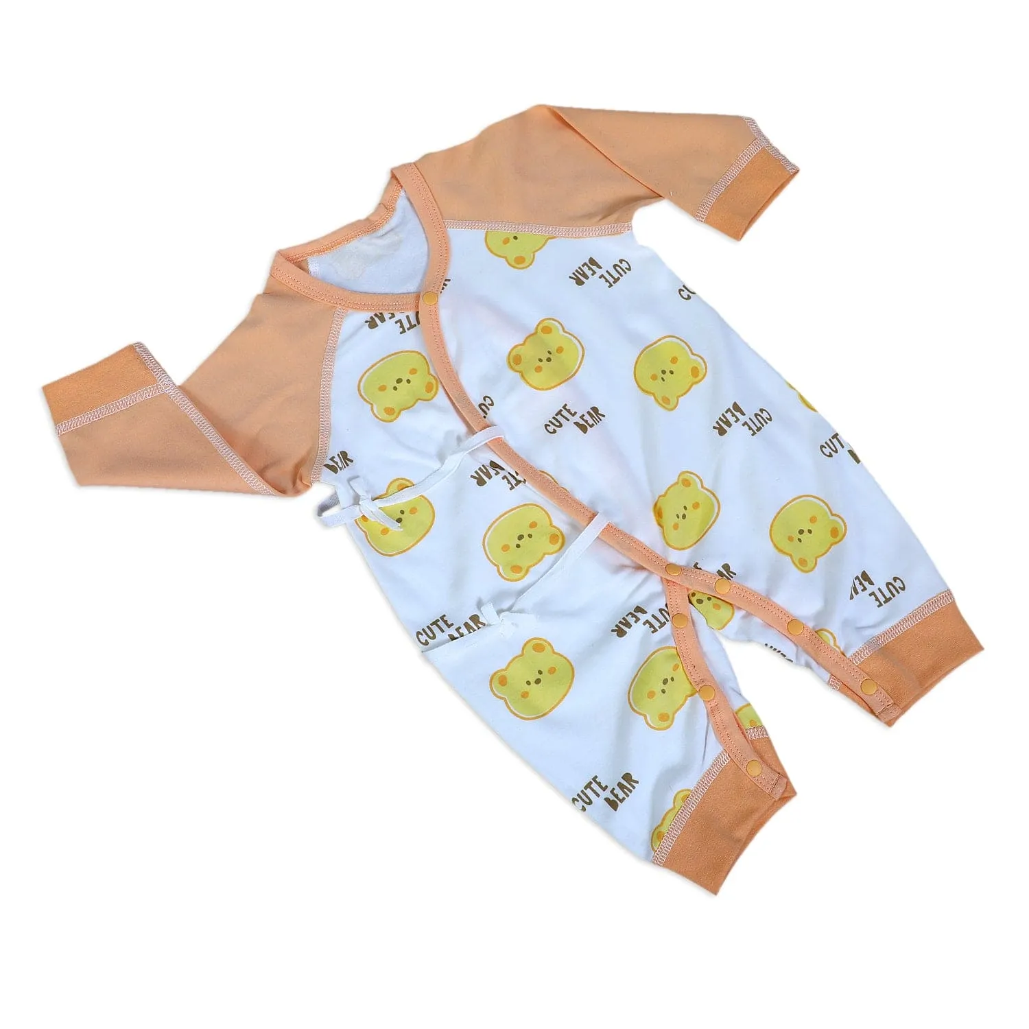 Cute Bear Full Sleeves One-Piece Body Suit With Snap Buttons Tie Knot And Matching Bib - Orange