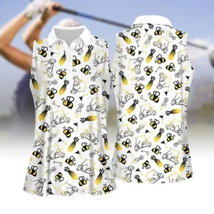 Cute Bee Golf Pattern Women Golf Apparel, Women Short Sleeve Polo Shirt, Sleeveless Polo Shirt