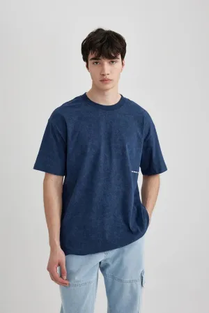 Defacto Men's Navy Blue Boxy Fit Crew Neck Parinted T-Shirt