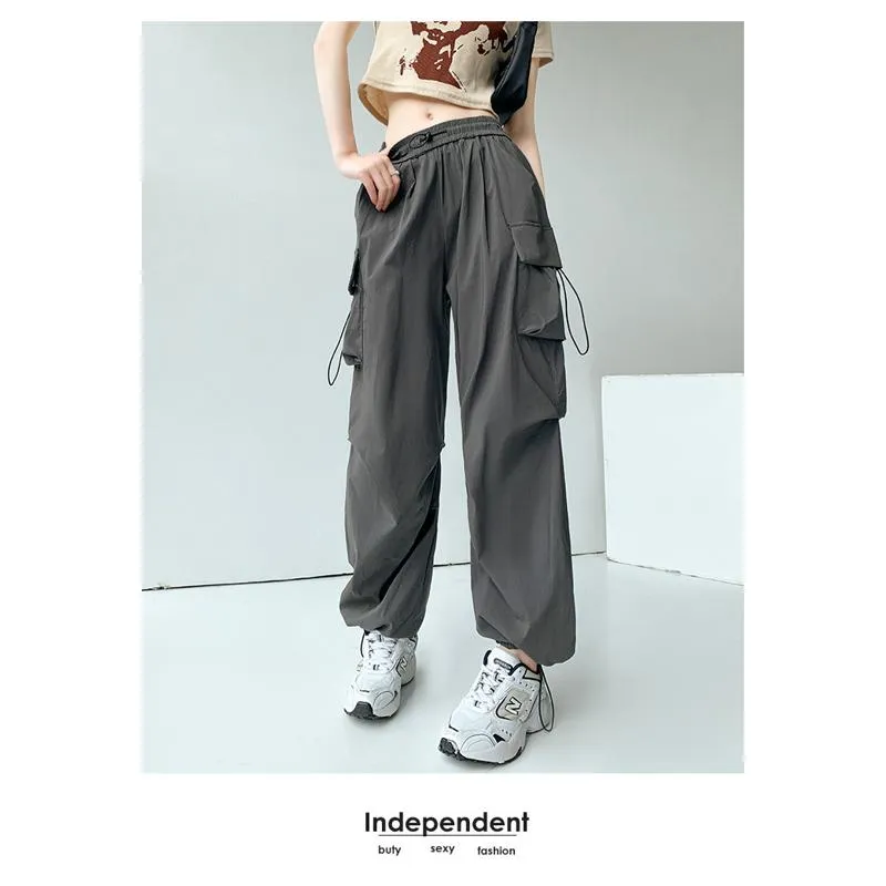 Drawstring Quick-Drying Elastic Waist Wide-Leg High-Waisted Cargo Pants