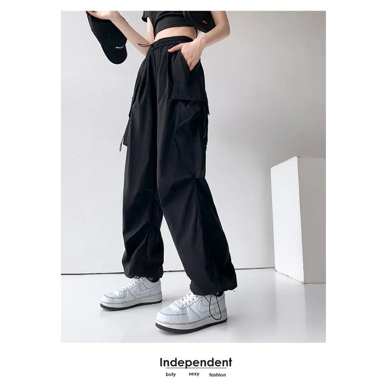 Drawstring Quick-Drying Elastic Waist Wide-Leg High-Waisted Cargo Pants