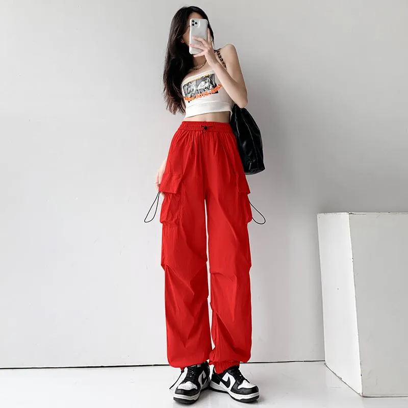 Drawstring Quick-Drying Elastic Waist Wide-Leg High-Waisted Cargo Pants