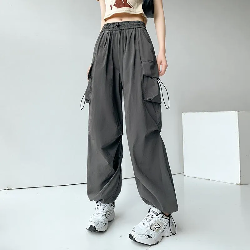 Drawstring Quick-Drying Elastic Waist Wide-Leg High-Waisted Cargo Pants