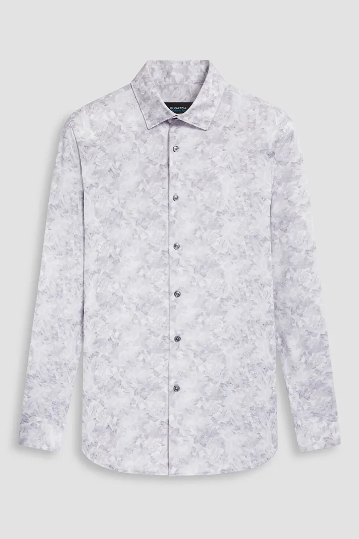 FADED LEAF PRINT 8 WAY STRETCH SHIRT - PLATINUM