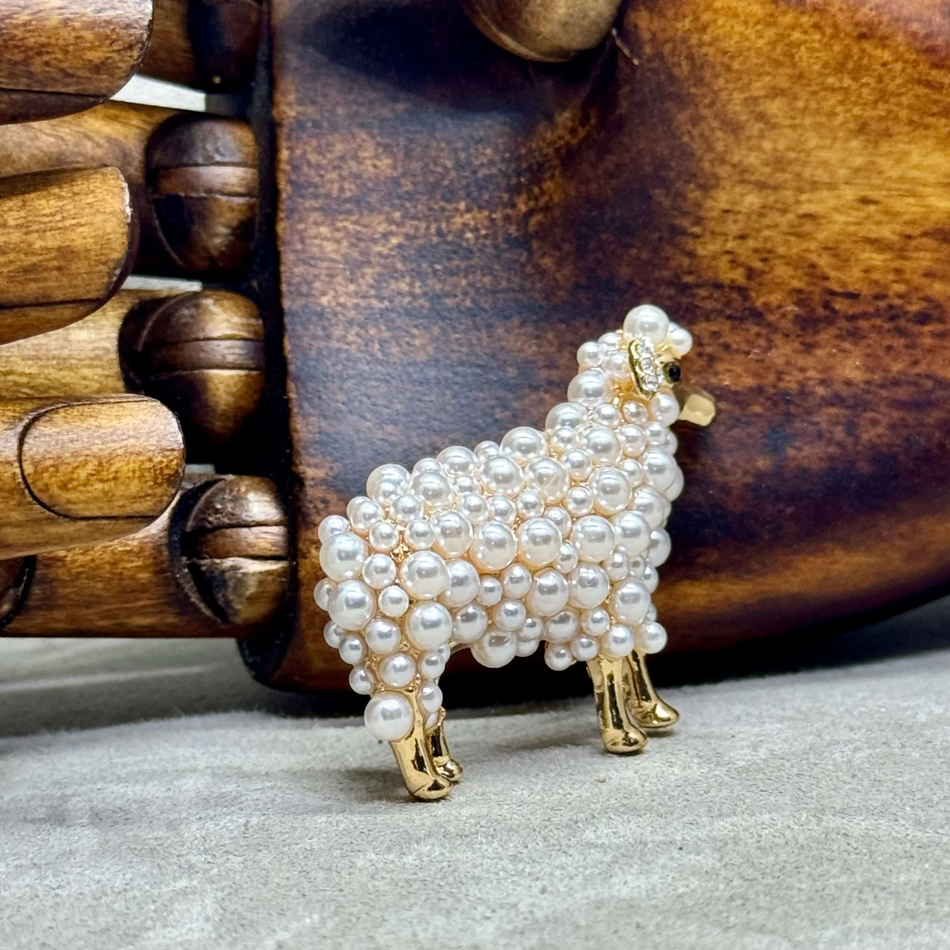 Faux Pearl Gold Tone Sheep Brooch