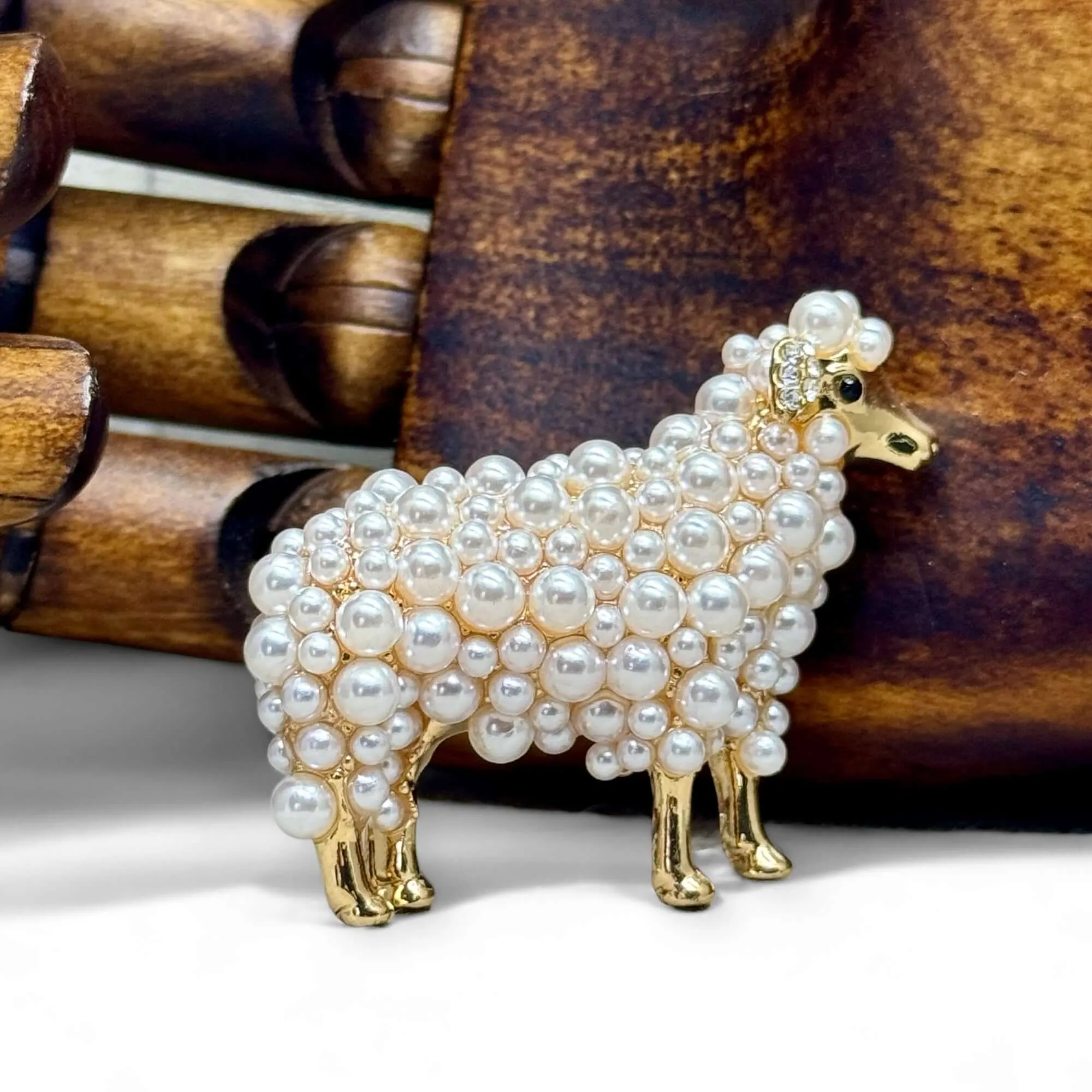 Faux Pearl Gold Tone Sheep Brooch