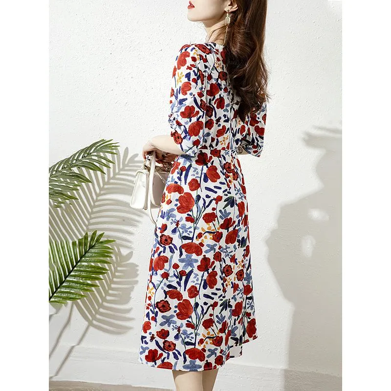 Floral V-Neck Niche Full Print Medium Sleeve Dress