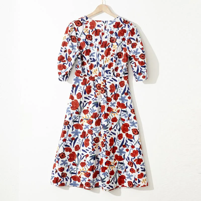 Floral V-Neck Niche Full Print Medium Sleeve Dress