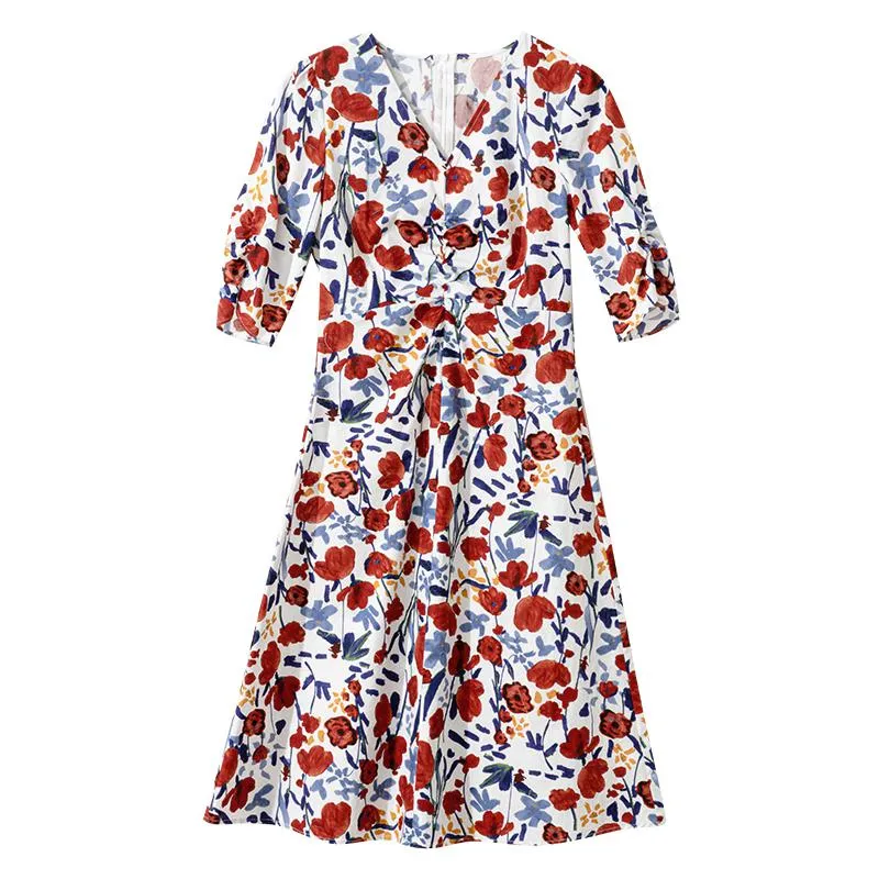 Floral V-Neck Niche Full Print Medium Sleeve Dress