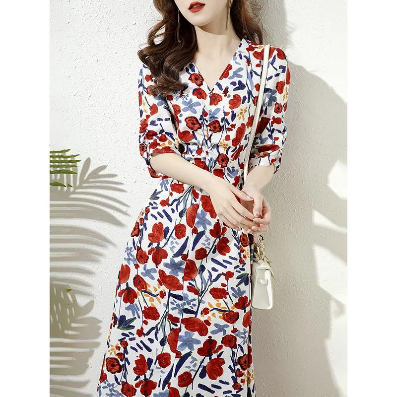 Floral V-Neck Niche Full Print Medium Sleeve Dress